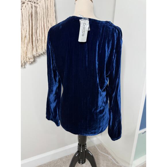 Chico's Blue Silk Velvet Beaded Embroidered Boho Holiday Long-sleeved Top M NWT - Picture 2 of 6